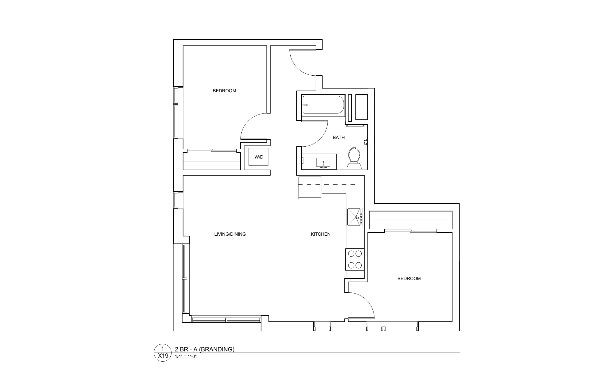 Floor plan for 2 beds, 1 bath, 841 sqft